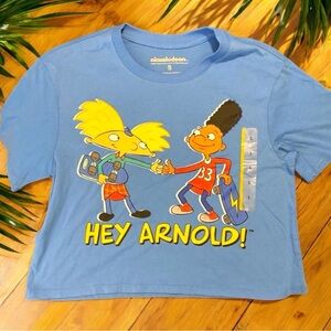 NWT NICKELODEON Hey Arnold! Azure Blue Graphic Baby Tee Cropped T-shirt - Small